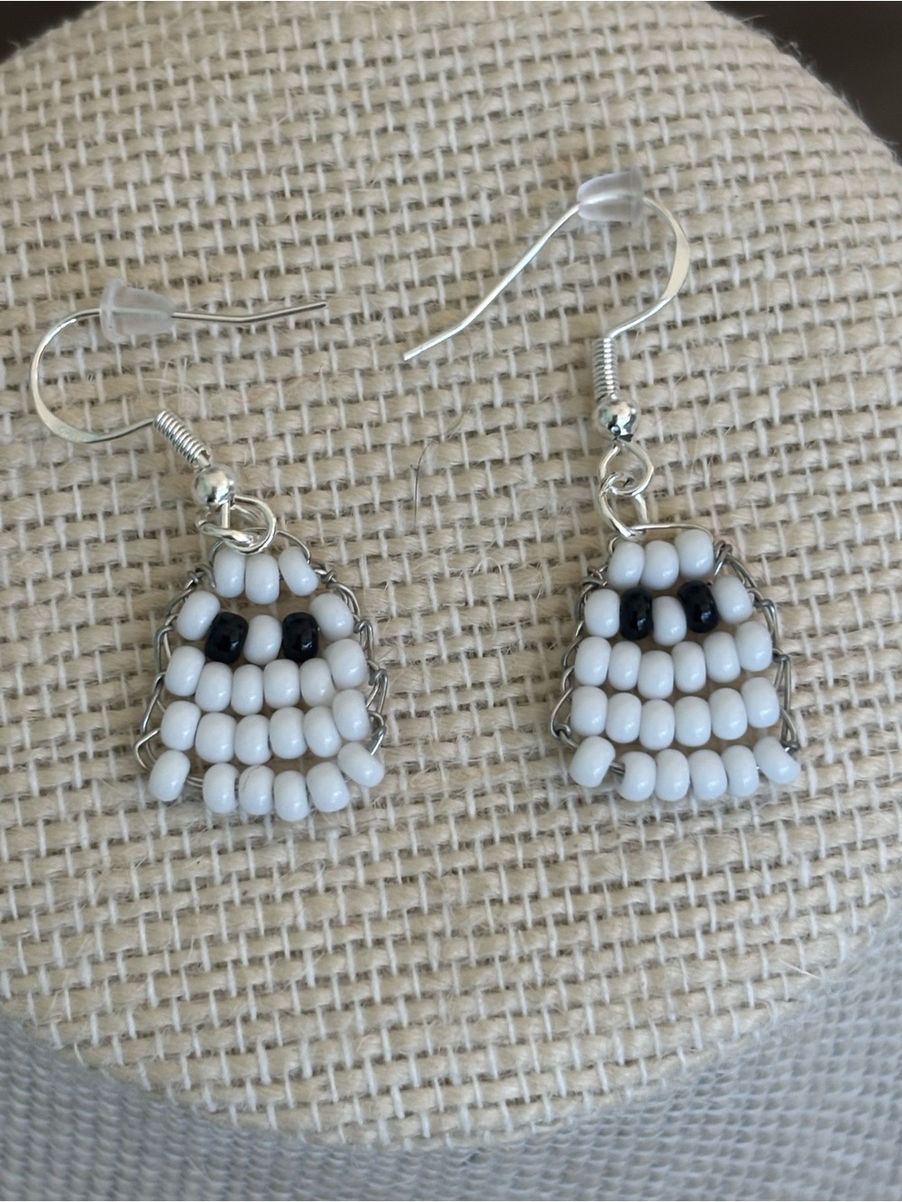 White Beaded Ghost Drop Earrings — Playful Beadwork